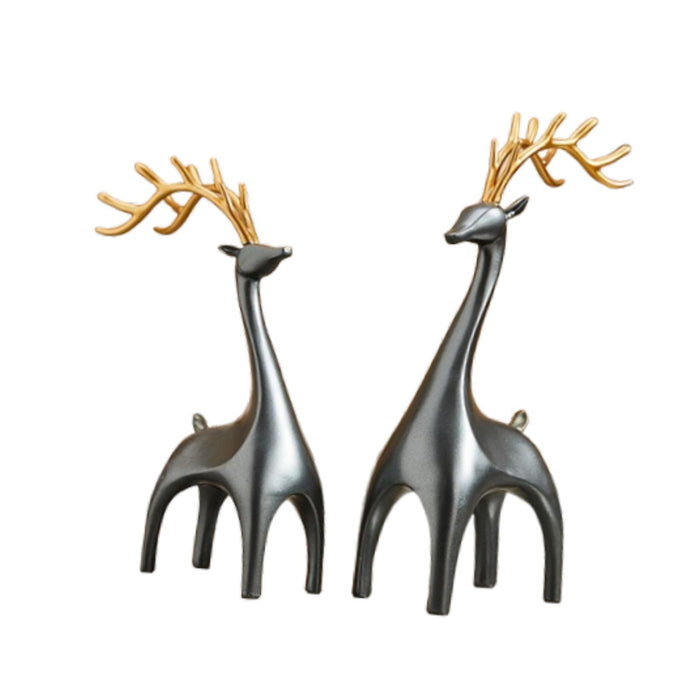 Crofta 1 Pair Elk Deer Statues Figurines for Bedroom Handicraft Tabletop Decoration Grey