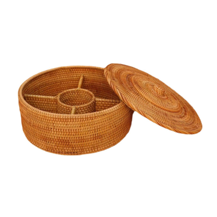 Crofta Round Rattan Basket with Cover Box Serving Basket for Candies Fruit 30cmx30cmx12cm