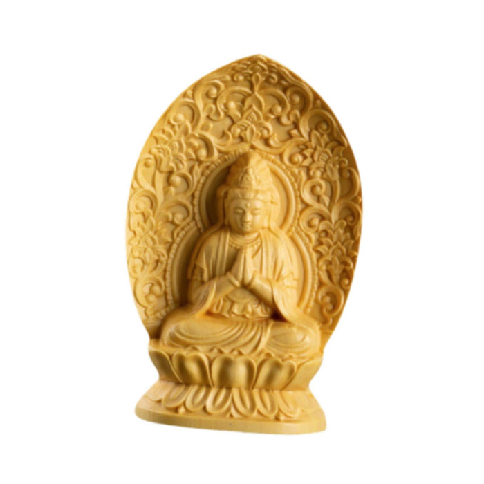 Crofta Wood Carving Guanyin Sitting Statue Handmade Height 7cm for Wall Shelf Decor Style A