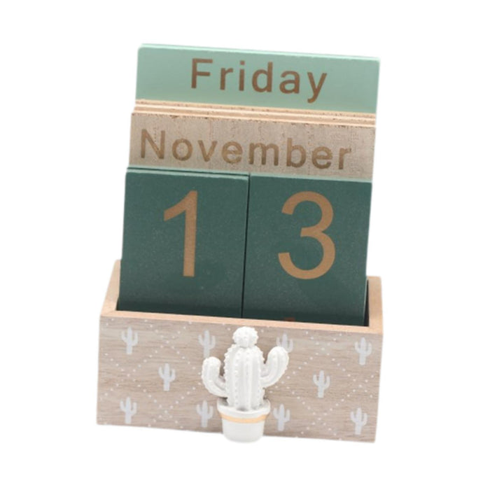 Crofta Wood Block Calendar Desk Office Living Room Birthday Gift Perpetual Calendar Cactus