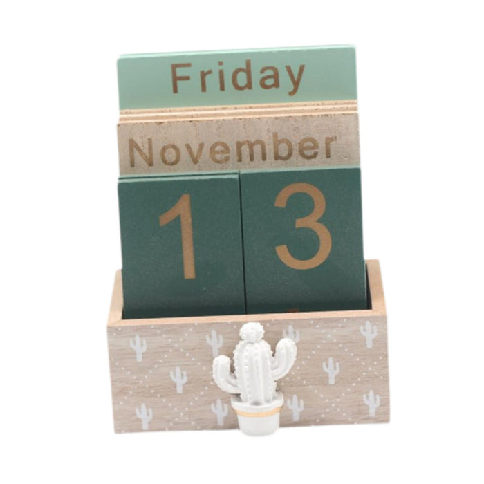 Crofta Wood Block Calendar Desk Office Living Room Birthday Gift Perpetual Calendar Cactus