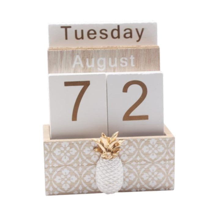 Crofta Wood Block Calendar Desk Office Living Room Birthday Gift Perpetual Calendar Pineapple