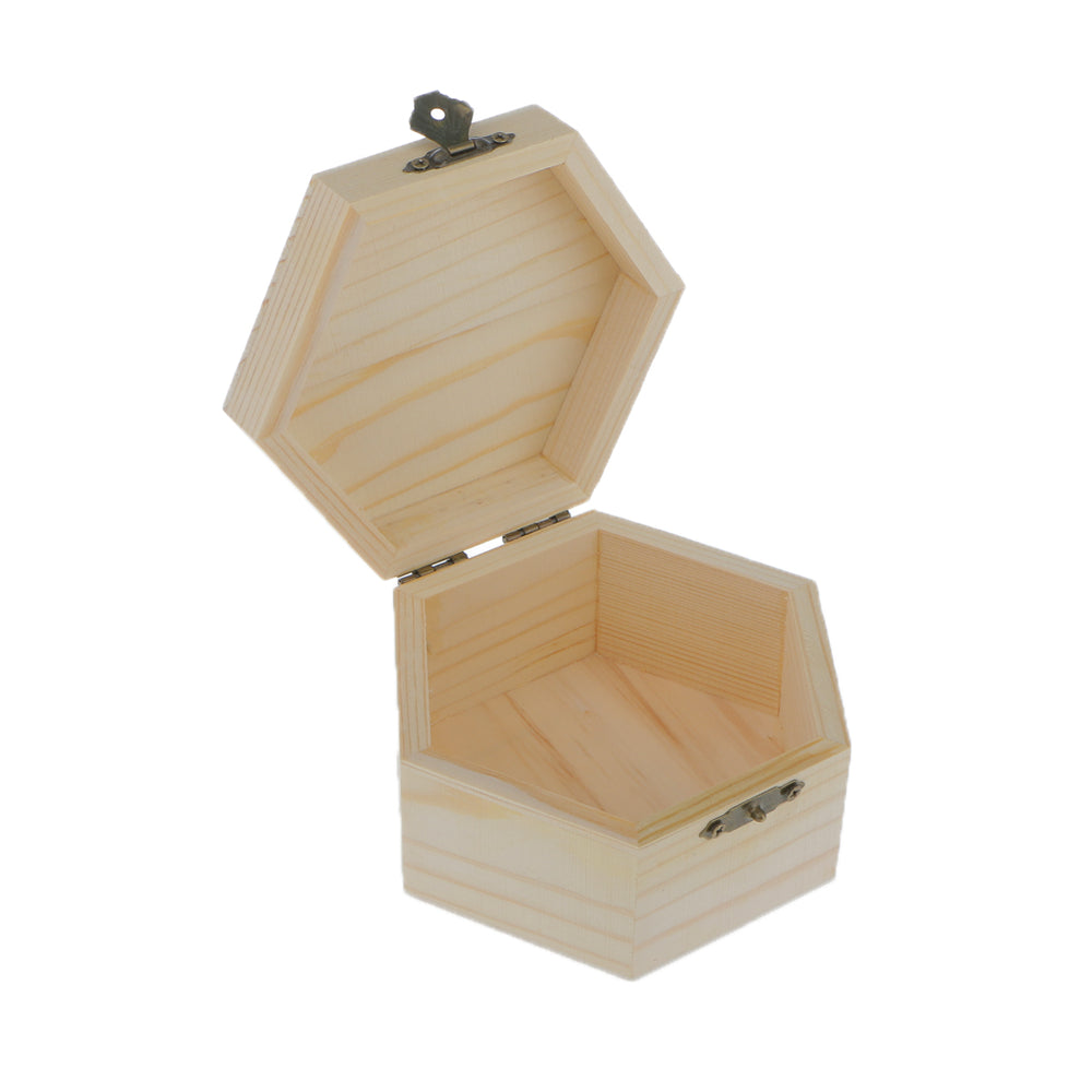 Crofta 2pcs Mixed Size Unpainted Hexagonal Wooden Jewelry Box Memory Chest Boxes