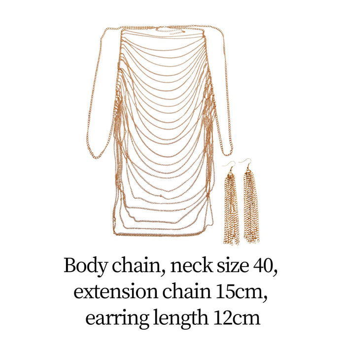 Crofta Womens Body Chain Sleeveless Backless Fashion Multi Layer Harness Body Chain Body Chain Earrings