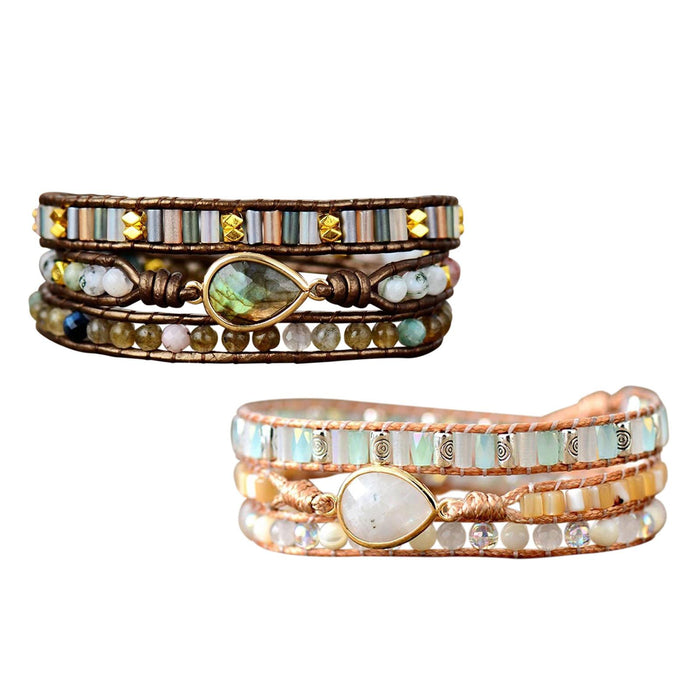 Crofta Women Ethnic PU Leather Wrap Bracelet Multi Layer Charm Unique Bead Bracelet Style A