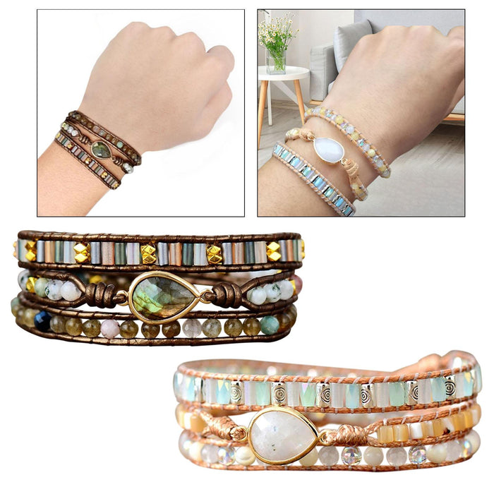 Crofta Women Ethnic PU Leather Wrap Bracelet Multi Layer Charm Unique Bead Bracelet Style A