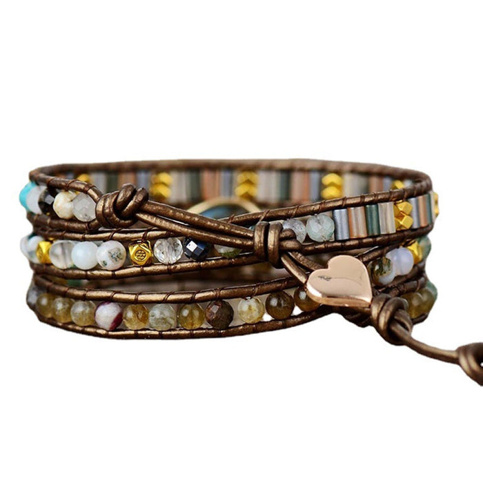 Crofta Women Ethnic PU Leather Wrap Bracelet Multi Layer Charm Unique Bead Bracelet Style A