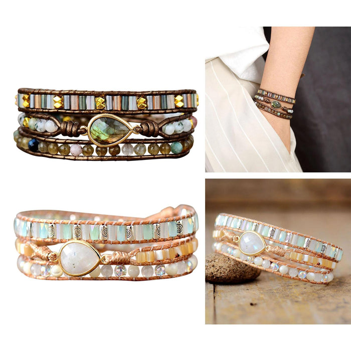 Crofta Women Ethnic PU Leather Wrap Bracelet Multi Layer Charm Unique Bead Bracelet Style A