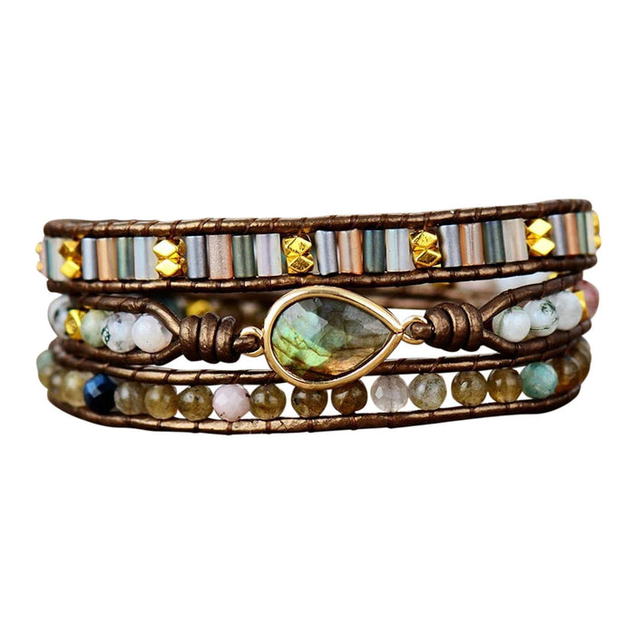 Crofta Women Ethnic PU Leather Wrap Bracelet Multi Layer Charm Unique Bead Bracelet Style A