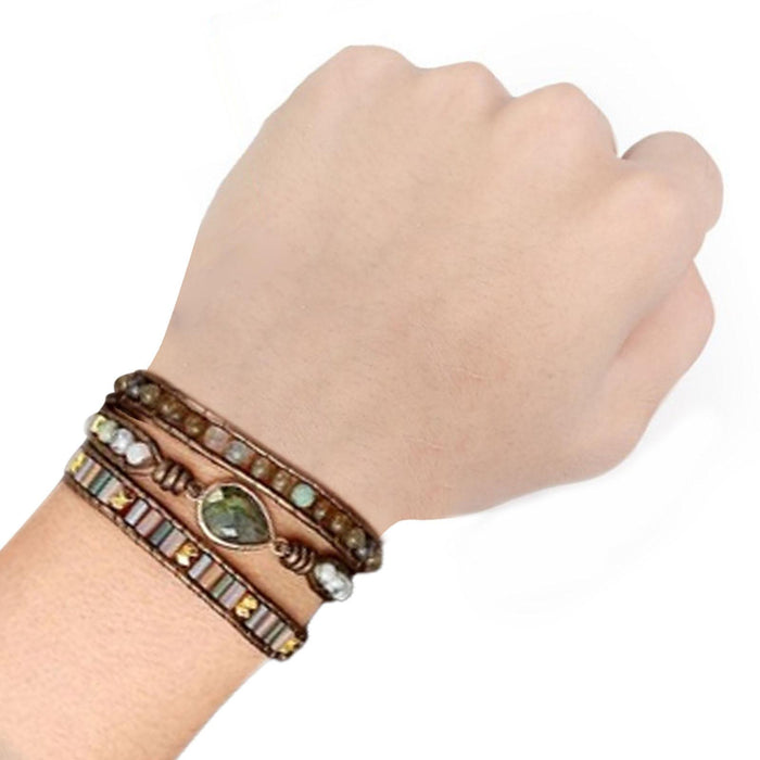 Crofta Women Ethnic PU Leather Wrap Bracelet Multi Layer Charm Unique Bead Bracelet Style A