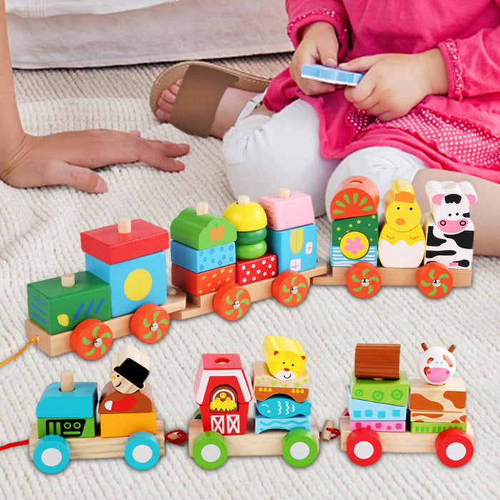 Crofta Stacking Train Toy Fun Classic Wooden Toddler Toy for Boys and Girls Toddler Farm trailers