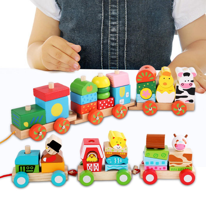 Crofta Stacking Train Toy Fun Classic Wooden Toddler Toy for Boys and Girls Toddler Farm trailers