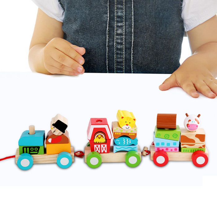 Crofta Stacking Train Toy Fun Classic Wooden Toddler Toy for Boys and Girls Toddler Farm trailers