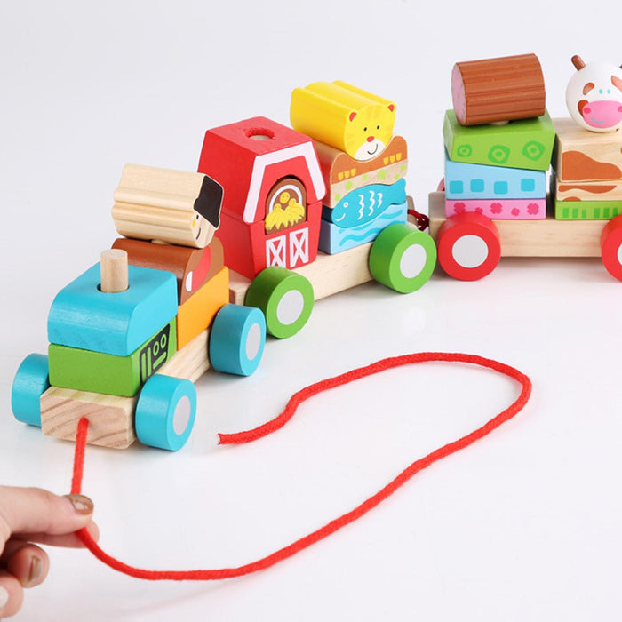 Crofta Stacking Train Toy Fun Classic Wooden Toddler Toy for Boys and Girls Toddler Farm trailers