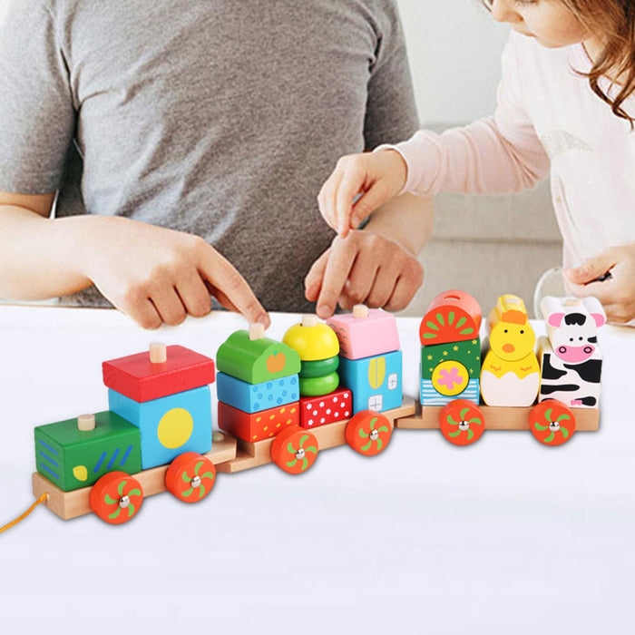 Crofta Stacking Train Toy Fun Classic Wooden Toddler Toy for Boys and Girls Toddler Animal trailers