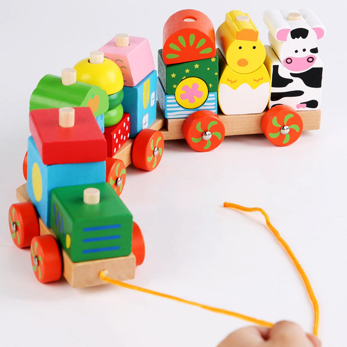 Crofta Stacking Train Toy Fun Classic Wooden Toddler Toy for Boys and Girls Toddler Animal trailers