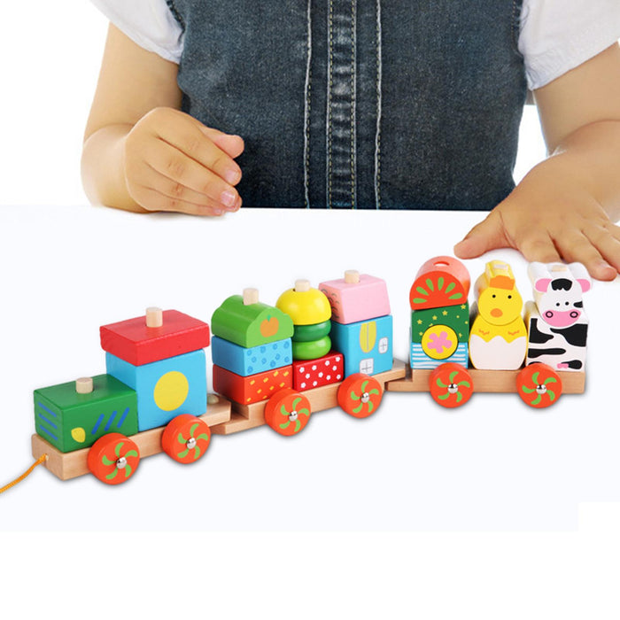 Crofta Stacking Train Toy Fun Classic Wooden Toddler Toy for Boys and Girls Toddler Animal trailers