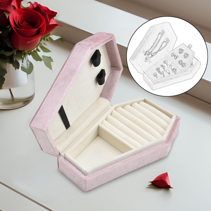 Crofta Velvet Jewelry Box Portable Jewelry Travel Case for Party Anniversary Female pink B