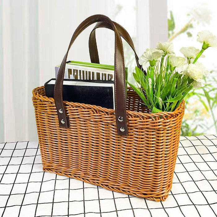 Crofta Woven Shopping Basket Handmade Basket with Handle for Travel Outdoor Camping