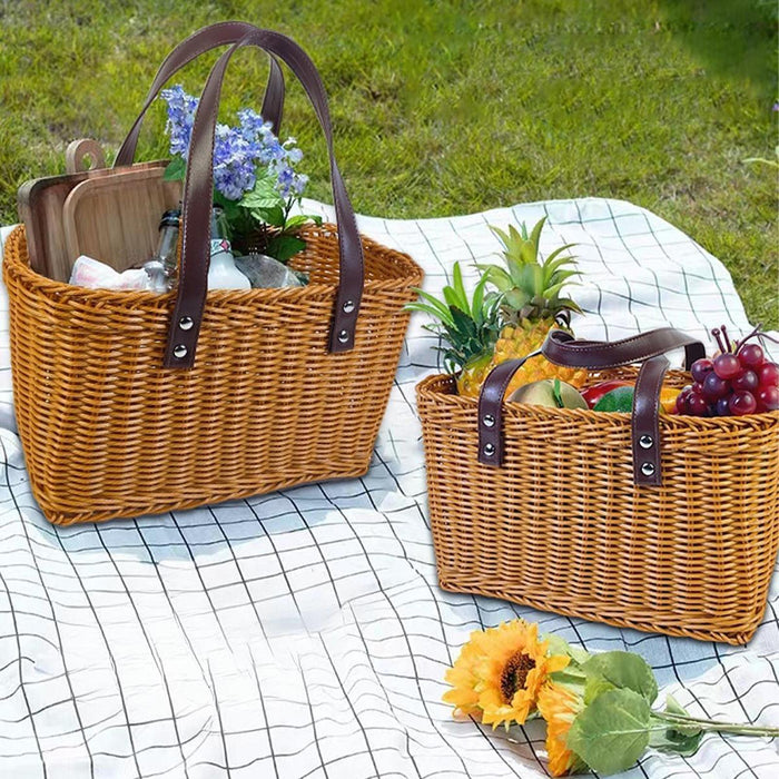 Crofta Woven Shopping Basket Handmade Basket with Handle for Travel Outdoor Camping