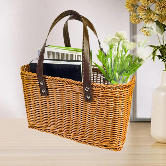 Crofta Woven Shopping Basket Handmade Basket with Handle for Travel Outdoor Camping