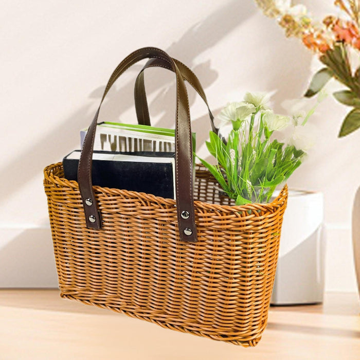 Crofta Woven Shopping Basket Handmade Basket with Handle for Travel Outdoor Camping