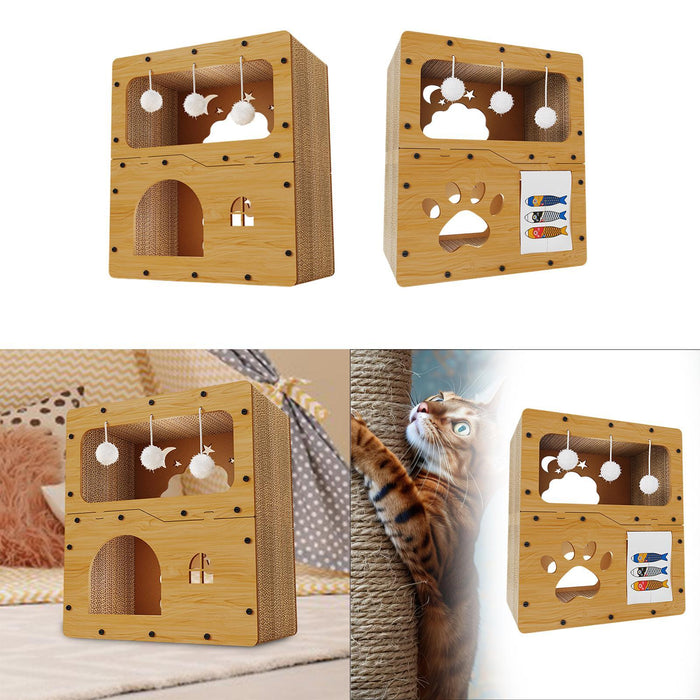 Crofta Cat Scratcher House Hideaway Cardboard Cat House Kitten Pet Gift Indoor Cats without door curtain