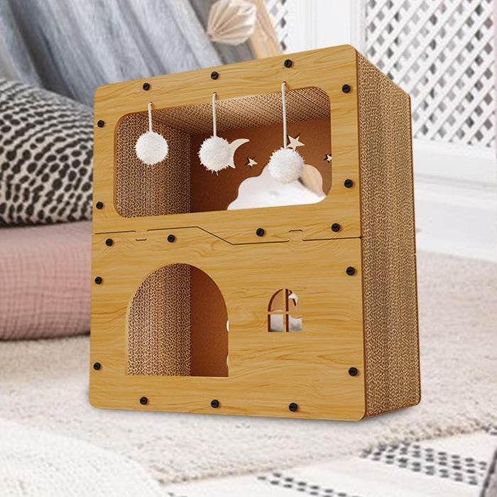 Crofta Cat Scratcher House Hideaway Cardboard Cat House Kitten Pet Gift Indoor Cats without door curtain