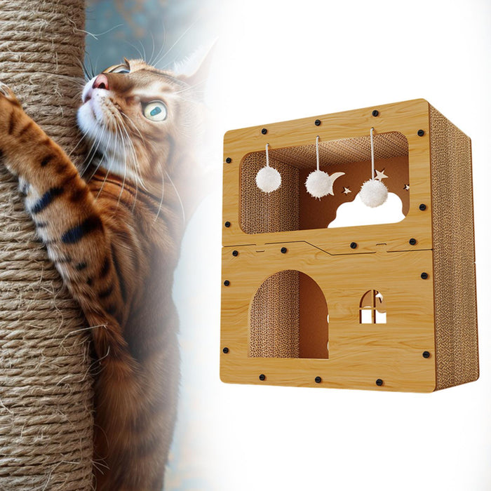 Crofta Cat Scratcher House Hideaway Cardboard Cat House Kitten Pet Gift Indoor Cats without door curtain