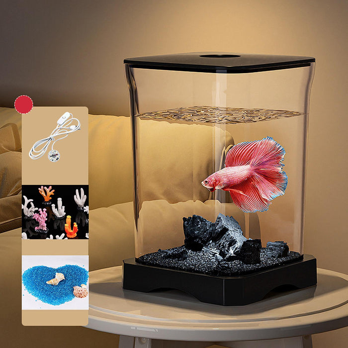 Crofta Betta Fish Tank Transparent Small Desktop Aquarium for Home Living Room Frog Black