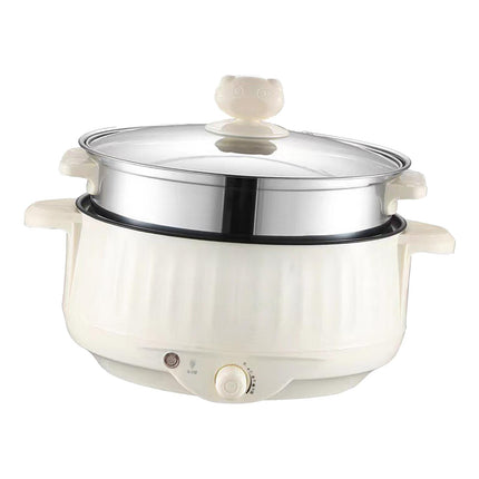 Crofta Electric Cooking Pot Nonstick Portable Electric Skillet for Pasta Eggs Beige with Steamer