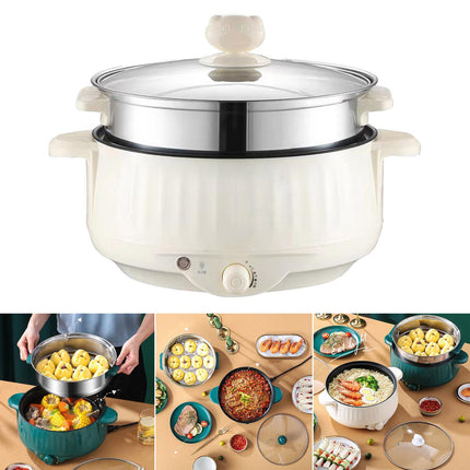 Crofta Electric Cooking Pot Nonstick Portable Electric Skillet for Pasta Eggs Beige with Steamer