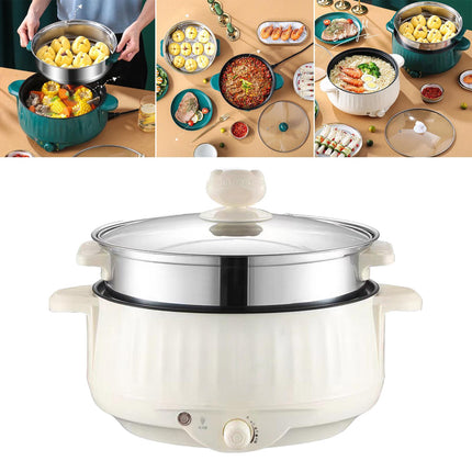 Crofta Electric Cooking Pot Nonstick Portable Electric Skillet for Pasta Eggs Beige with Steamer