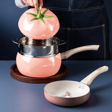 Soup Porridge Pot Cute Fruits Shape Kitchen Cookware with Lid 16cm Noodle Pot pink set