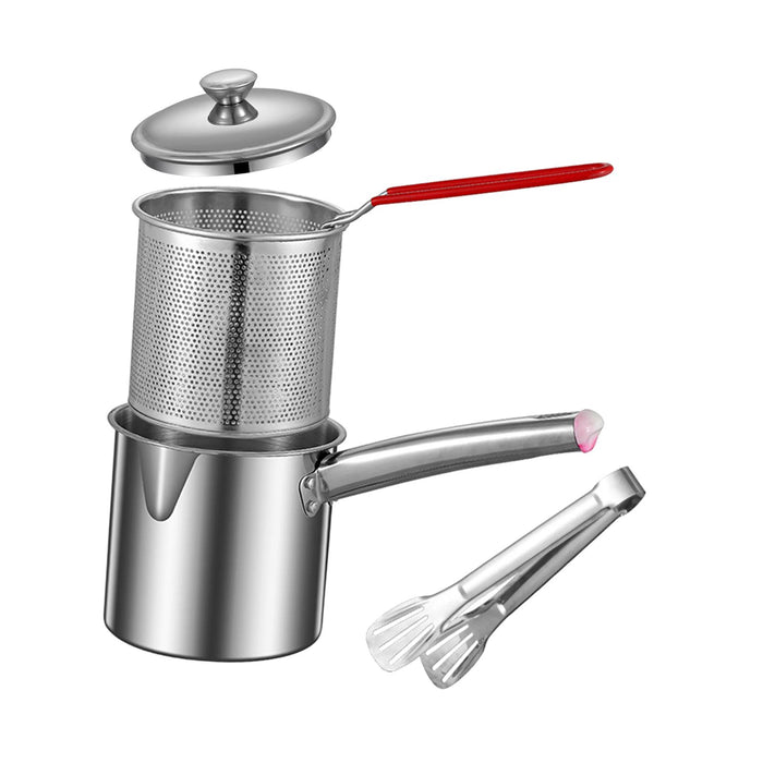 Stainless Steel Deep Fryer Pot Small Deep Fryer Pot for Picnic Frying Baking With Tongs 1.2L