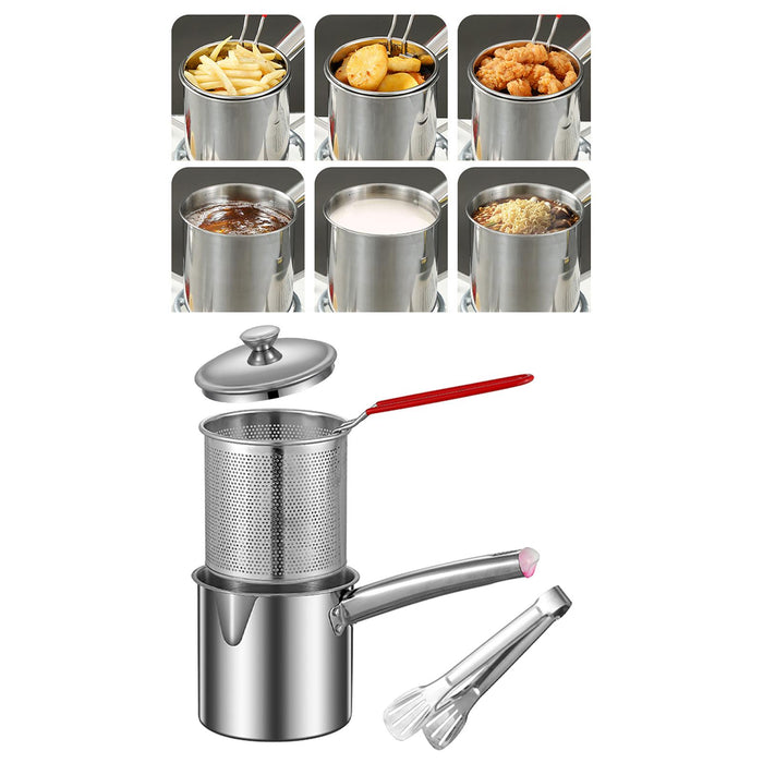 Stainless Steel Deep Fryer Pot Small Deep Fryer Pot for Picnic Frying Baking With Tongs 1.2L