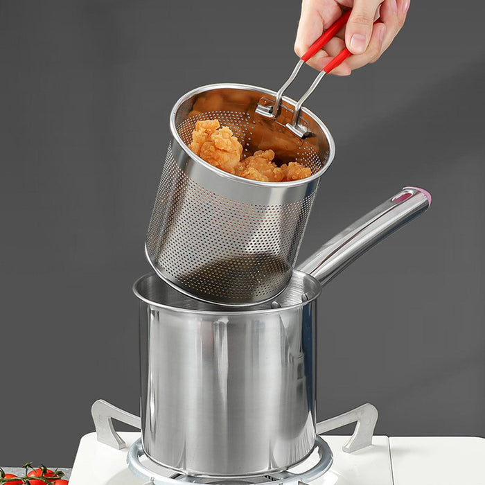 Stainless Steel Deep Fryer Pot Small Deep Fryer Pot for Picnic Frying Baking With Tongs 1.2L