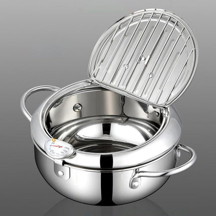 Deep Fryer Pot with Thermometer Oil Frying Pan for Veggies Squid Rings silver 20cm and clip