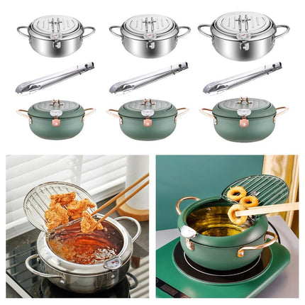 Deep Fryer Pot with Thermometer Oil Frying Pan for Veggies Squid Rings silver 20cm and clip