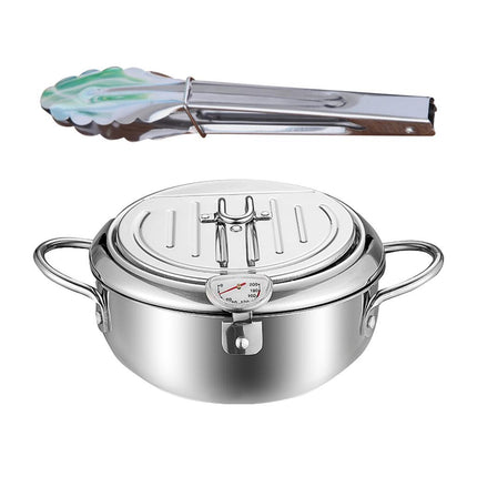 Deep Fryer Pot with Thermometer Oil Frying Pan for Veggies Squid Rings silver 20cm and clip