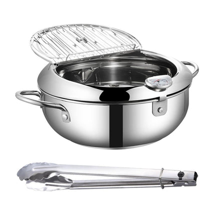 Deep Fryer Pot with Thermometer Oil Frying Pan for Veggies Squid Rings silver 20cm and clip