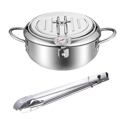 Deep Fryer Pot with Thermometer Oil Frying Pan for Veggies Squid Rings silver 20cm and clip