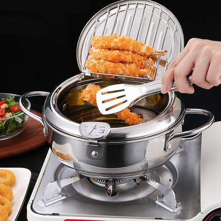 Deep Fryer Pot with Thermometer Oil Frying Pan for Veggies Squid Rings silver 20cm and clip