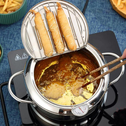 Deep Fryer Pot with Thermometer Oil Frying Pan for Veggies Squid Rings silver 20cm and clip