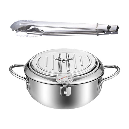 Deep Fryer Pot with Thermometer Oil Frying Pan for Veggies Squid Rings silver 28cm and clip