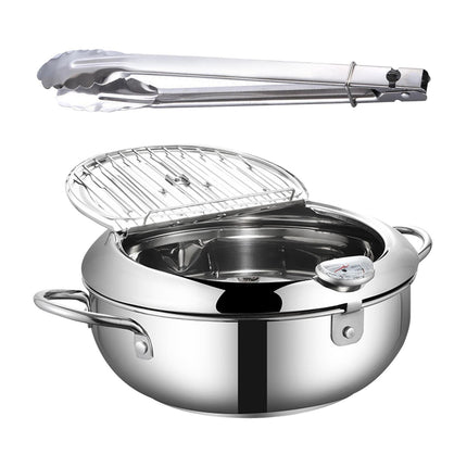 Deep Fryer Pot with Thermometer Oil Frying Pan for Veggies Squid Rings silver 28cm and clip