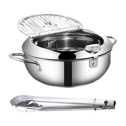 Deep Fryer Pot with Thermometer Oil Frying Pan for Veggies Squid Rings silver 28cm and clip