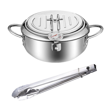 Deep Fryer Pot with Thermometer Oil Frying Pan for Veggies Squid Rings silver 28cm and clip