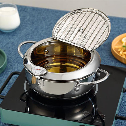 Deep Fryer Pot with Thermometer Oil Frying Pan for Veggies Squid Rings silver 28cm and clip