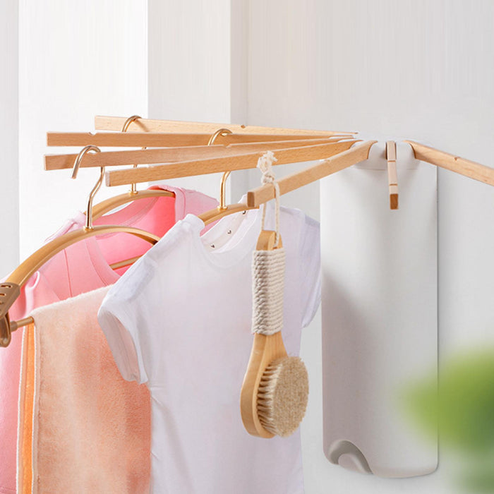 Wall Mount Clothes Drying Rack Laundry Hangers Dryer Rack for Bathroom Indoor White Wooden Pole